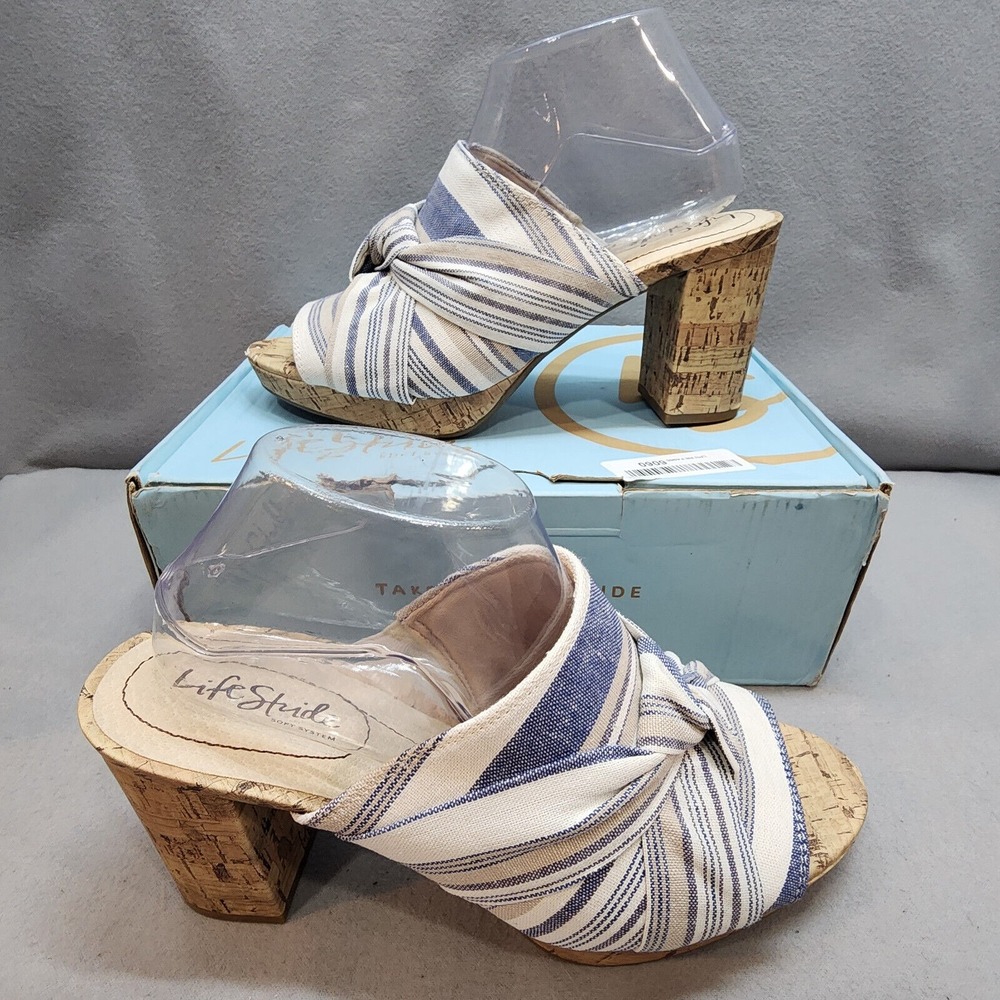 LifeStride Laguna Heeled Mule Blue Striped Knot Cork Block Heel Womens 9.5 M